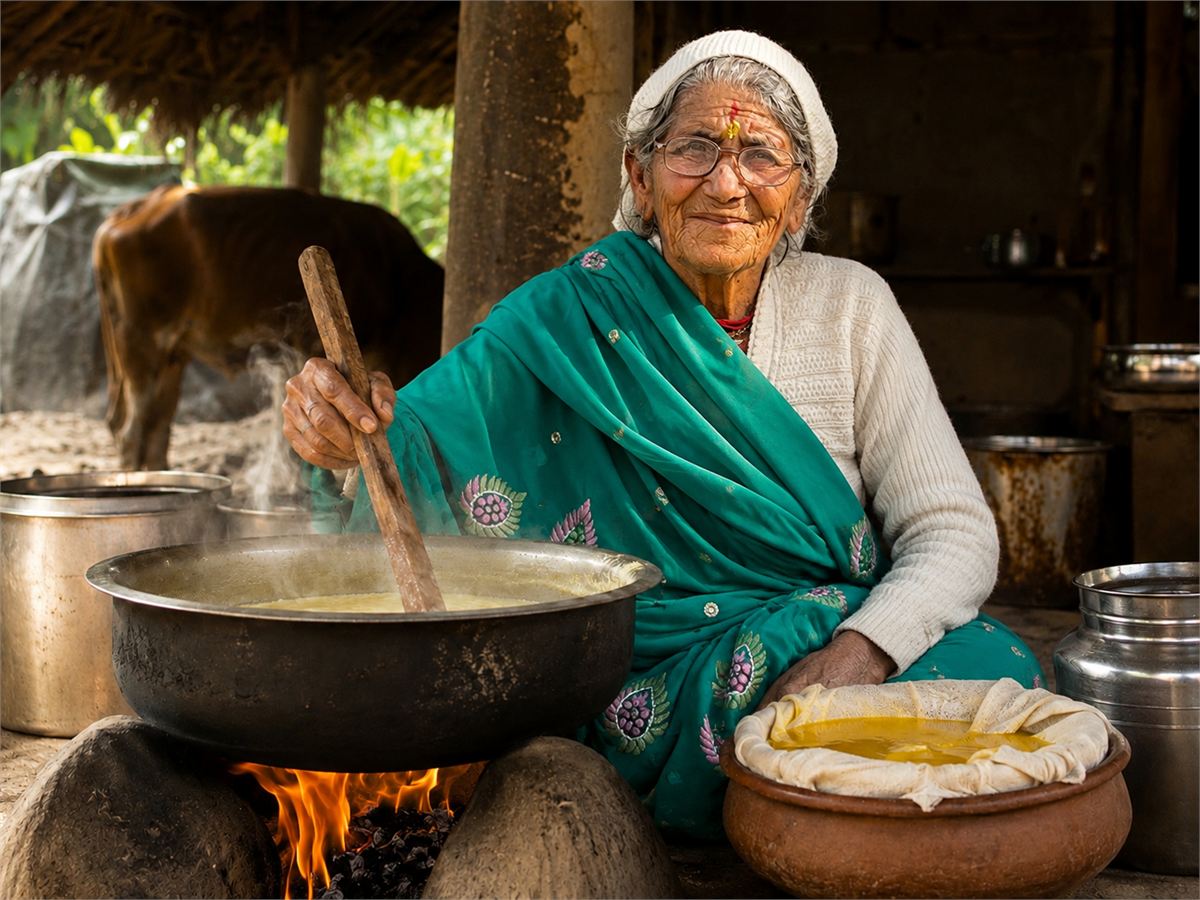 An elderly woman lifting a pot over a wood-fired mud stove in a village courtyard